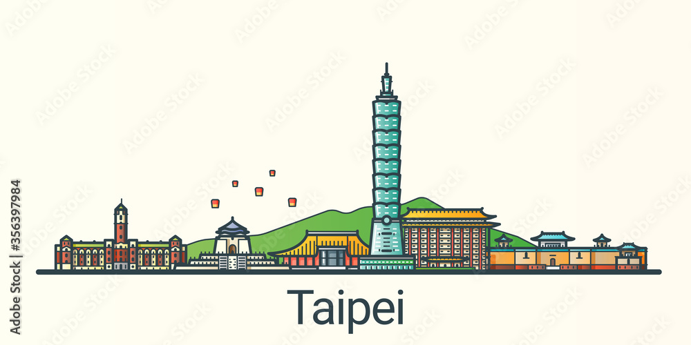 Obraz premium Banner of Taipei city in flat line trendy style. All buildings separated and customizible. Line art.