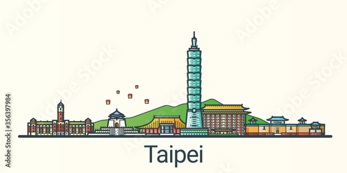 Banner of Taipei city in flat line trendy style. All buildings separated and customizible. Line art.