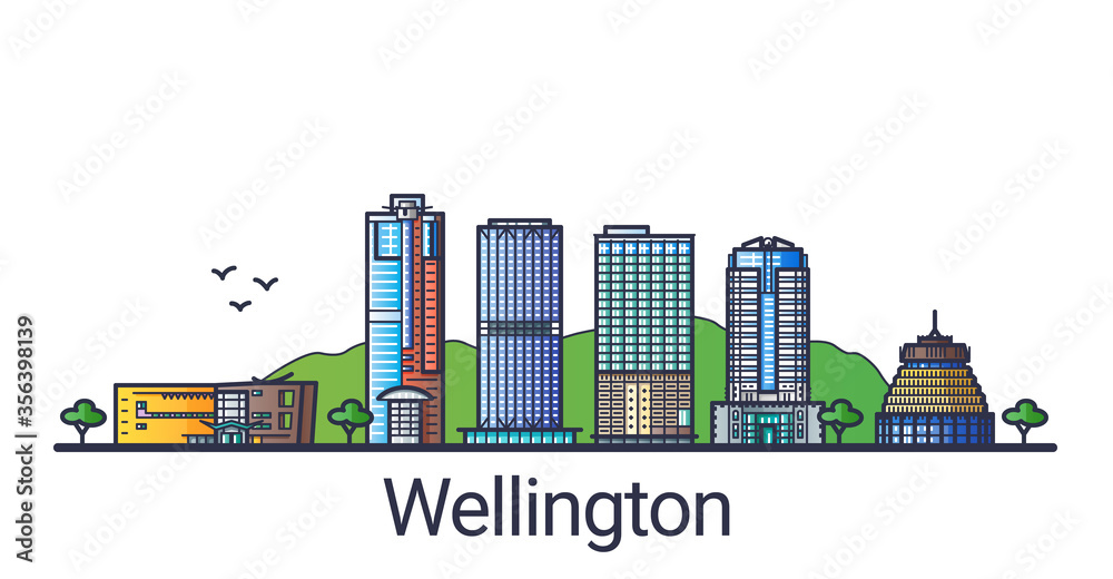 Banner of Wellington city in flat line trendy style. Wellington city line art. All buildings separated and customizable.