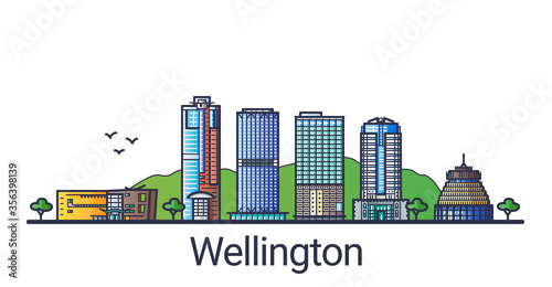 Banner of Wellington city in flat line trendy style. Wellington city line art. All buildings separated and customizable.