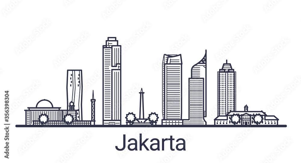Skyline of Jakarta city in linear style. Jakarta cityscape line art. All buildings separated with clipping masks. So you can change composition and background.