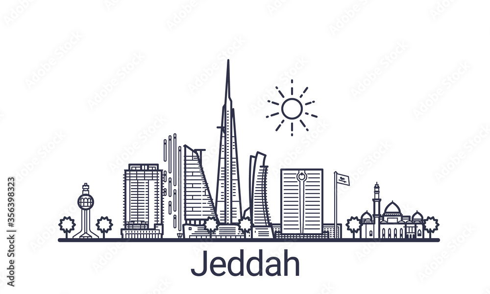 Linear banner of Jeddah city. All buildings - customizable different objects with clipping mask, so you can change background and composition. Line art.