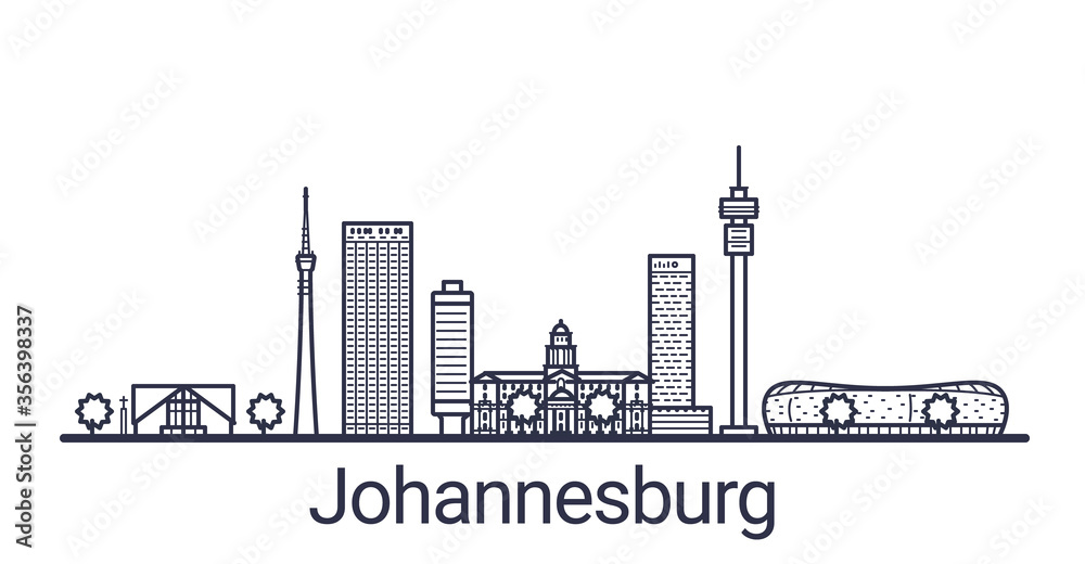 Naklejka premium Panoramę miasta Johannesburg w stylu liniowym. Grafika liniowa pejzaż w Johannesburgu. Wszystkie budynki oddzielone maskami przycinającymi. Możesz więc zmienić kompozycję i tło.