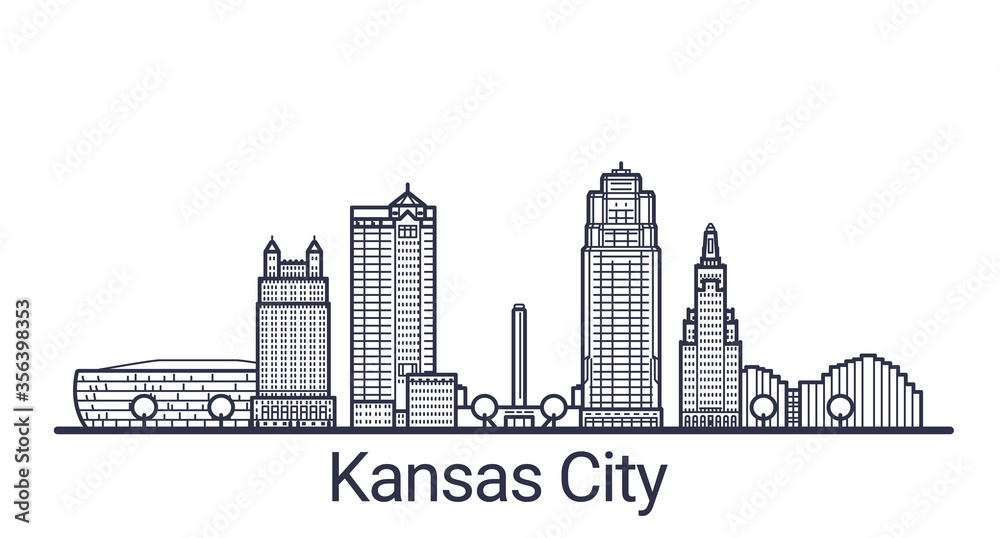 Linear banner of Kansas city. All buildings - customizable different objects with clipping mask, so you can change background and composition. Line art.