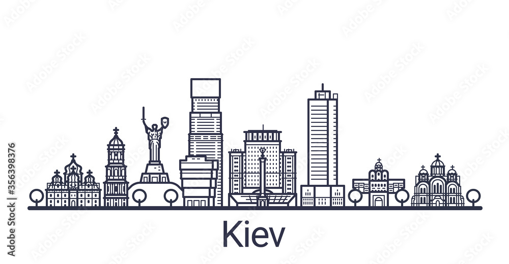 Linear banner of Kiev city. All Kiev buildings - customizable objects with opacity mask, so you can simple change composition and background fill. Line art.