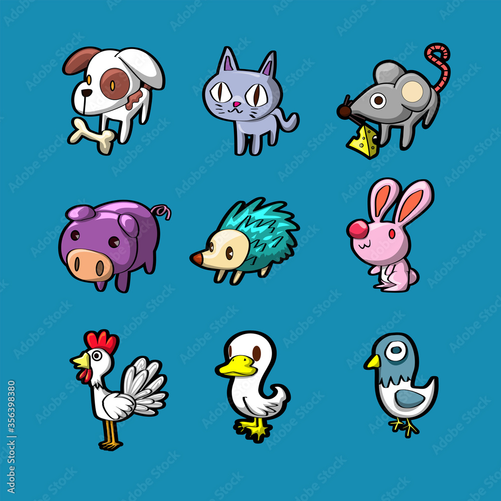 Character Cartoon Basic Animals set [dog, cat, rat, pig, porcupine, rabbit,  chicken, duck, pigeon] Stock Vector | Adobe Stock