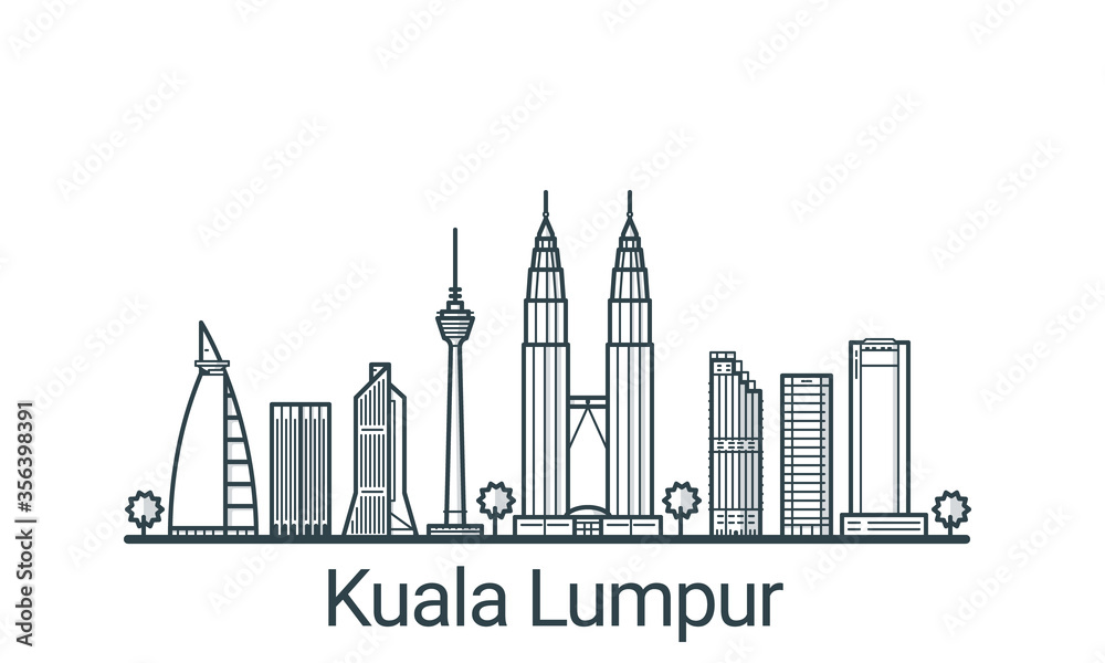 Linear banner of Kuala Lumpu city. All buildings - customizable different objects with background fill, so you can change composition for your project. Line art.