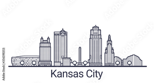 Linear banner of Kansas city. All buildings - customizable different objects with clipping mask, so you can change background and composition. Line art.
