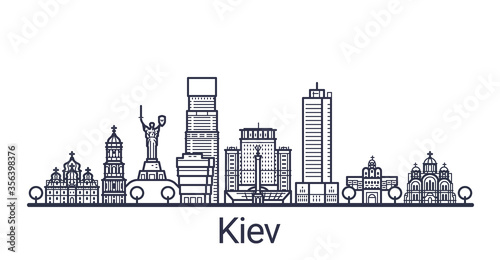 Linear banner of Kiev city. All Kiev buildings - customizable objects with opacity mask, so you can simple change composition and background fill. Line art.