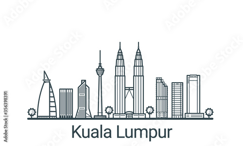 Linear banner of Kuala Lumpu city. All buildings - customizable different objects with background fill, so you can change composition for your project. Line art.