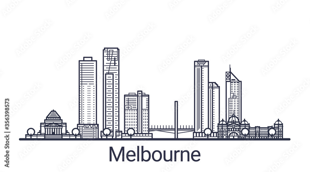 Fototapeta premium Linear banner of Melbourne city. All buildings - customizable different objects with clipping mask, so you can change background and composition. Line art.