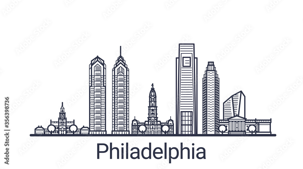 Linear banner of Philadelphia city. All buildings - customizable different objects with clipping mask, so you can change background and composition. Line art.
