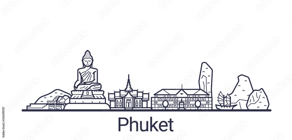 Linear banner of Phuket city. All Phuket buildings - customizable objects with opacity mask, so you can simple change composition and background fill. Line art.
