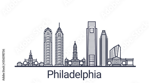 Linear banner of Philadelphia city. All buildings - customizable different objects with clipping mask  so you can change background and composition. Line art.