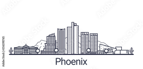Linear banner of Phoenix city. All buildings - customizable different objects with clipping mask, so you can change background and composition. Line art.