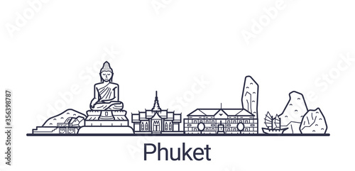 Linear banner of Phuket city. All Phuket buildings - customizable objects with opacity mask  so you can simple change composition and background fill. Line art.