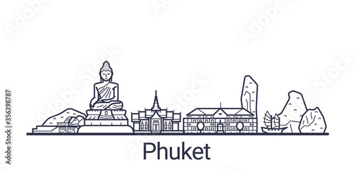 Linear banner of Phuket city. All Phuket buildings - customizable objects with opacity mask, so you can simple change composition and background fill. Line art.