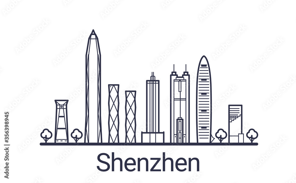Linear banner of Shenzhen city. All Shenzhen buildings - customizable objects with opacity mask, so you can simple change composition and background fill. Line art.