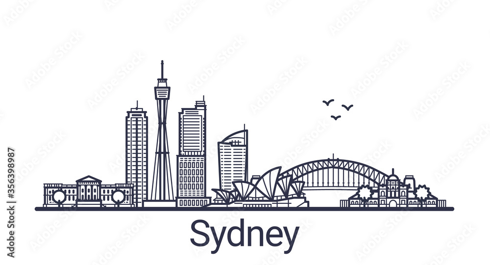 Fototapeta premium Liniowy sztandar miasta Sydney. Wszystkie budynki w Sydney - konfigurowalne obiekty z maską krycia, dzięki czemu można łatwo zmieniać kompozycję i wypełnienie tła. Grafika liniowa.