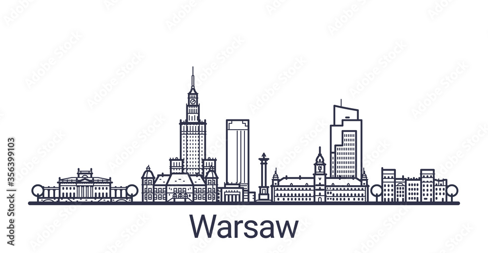 Linear banner of Warsaw city. All Warsaw buildings - customizable objects with opacity mask, so you can simple change composition and background fill. Line art.