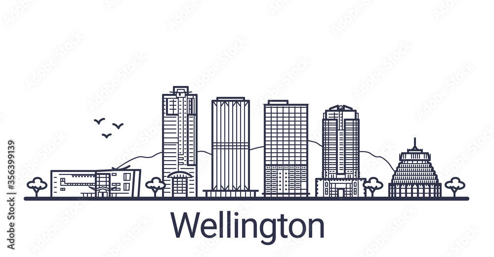 Linear banner of Wellington city. All buildings - customizable different objects with clipping mask, so you can change background and composition. Line art.