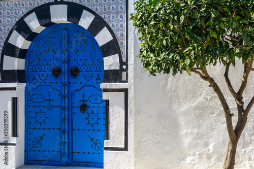 Tunisia. Sidi Bou Said. Typical Traditional door in wood decorated with nails