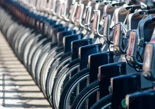 Row of Docked Hire Bikes in London