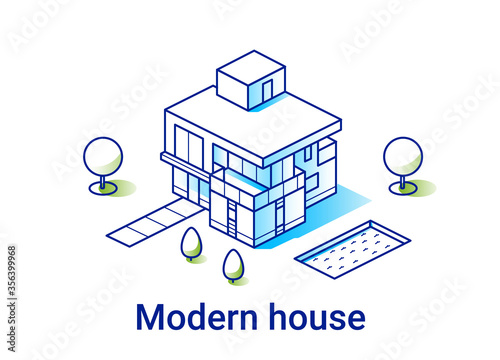 Modern house illustration in linear isometric style. Real estate concept. Minimal art line.