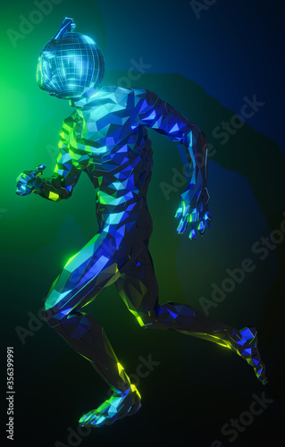 Low polygonal metal robot running on blue and green background. Technology, future, speed concept. 3D illustration © Space Creator