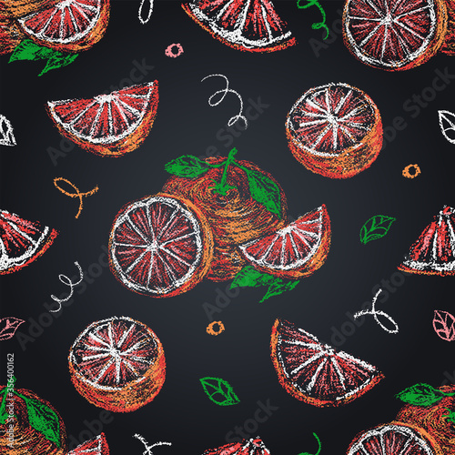 Grapefruit seamless pattern on chalkboard. Hand drawn citrus background. Pastel drawing