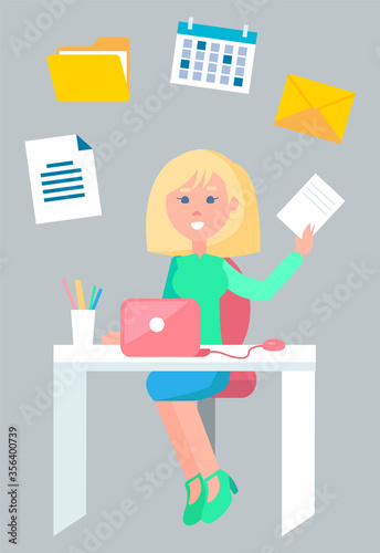 Woman working in office vector, character sitting by laptop with information. Calendar with boss appointment, mail letter with info and files with text