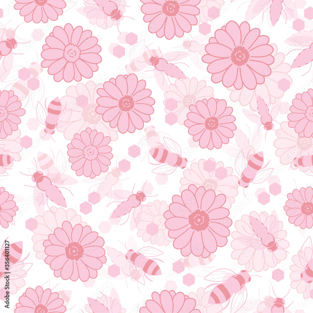 Seamless pattern with bees and flowers in pink on white background Seamless pattern with bees and flowers in pink on white background