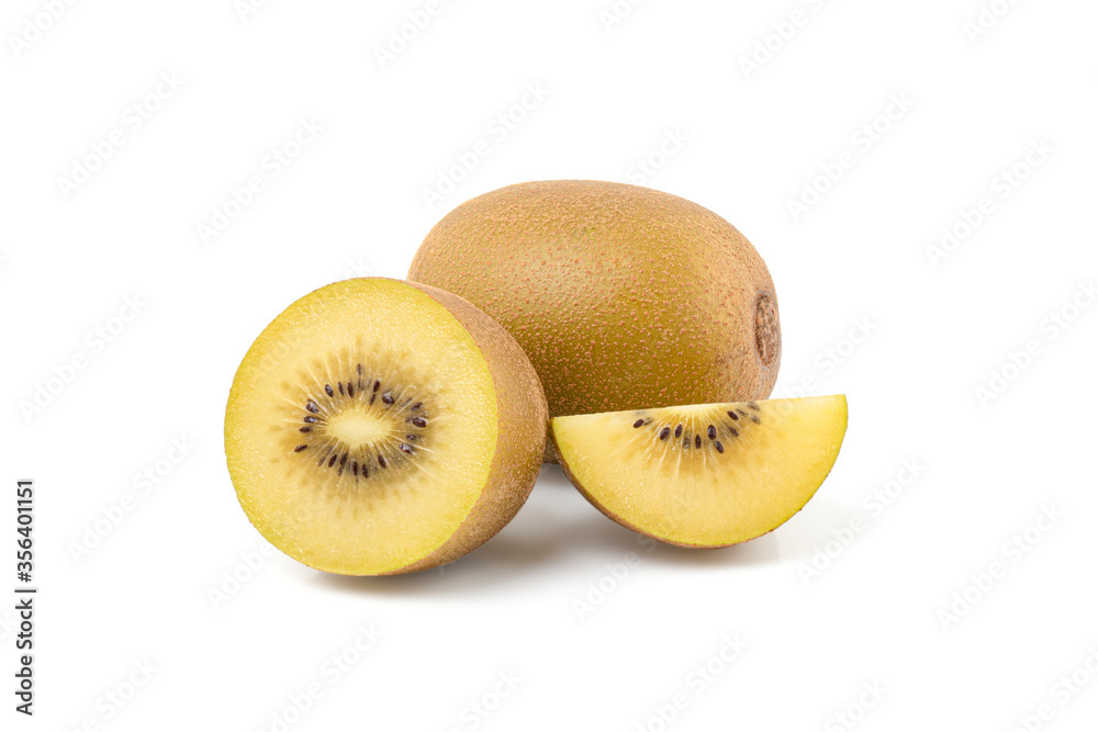Close up of fresh Sun gold Kiwi or kiwifruit with slice isolated on white background, clipping path. Close up of fresh Sun gold Kiwi or kiwifruit with slice isolated on white background, clipping path.