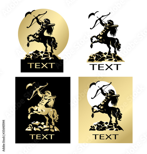 Graphic black and white image of a centaur on a white and black background. Vector.