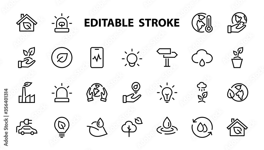 set of ECOLOGY icons, vector lines contains such icons as an electric car, global warming, forest, eco, watering plants, plants and much more. Editable stroke, ecology set of ECOLOGY icons, vector lines contains such icons as an electric car, global warming, forest, eco, watering plants, plants and much more. Editable stroke, ecology
