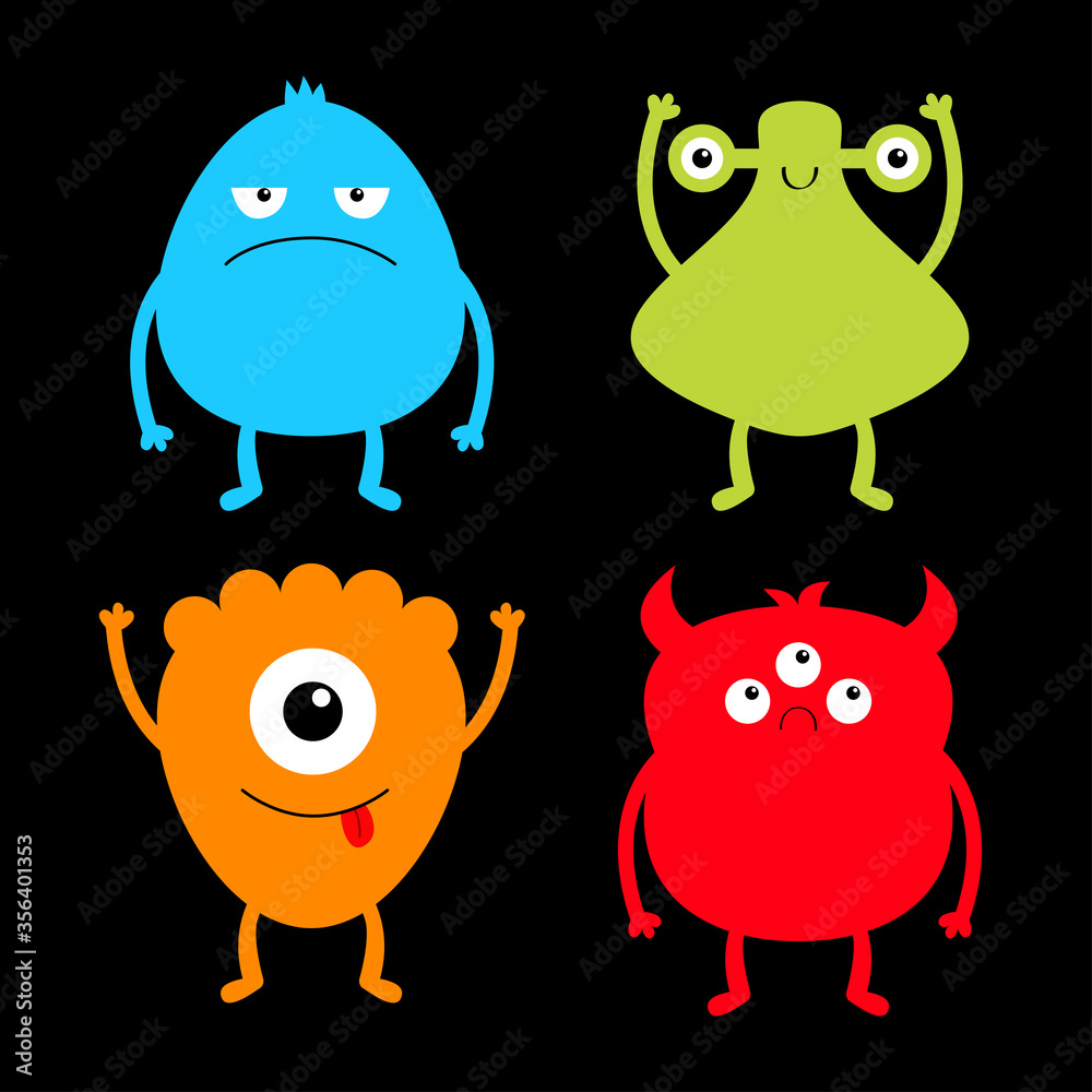 Monster colorful silhouette set. Cute cartoon kawaii sad character icon. Eyes, horns, hands up, tongue. Funny baby collection. Happy Halloween. Black background. Isolated. Flat design.