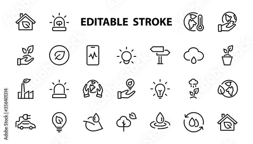 set of ECOLOGY icons, vector lines contains such icons as an electric car, global warming, forest, eco, watering plants, plants and much more. Editable stroke, ecology