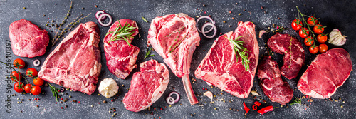 Set of various classic, alternative raw meat, veal beef steaks - chateau mignon, t-bone, tomahawk, striploin, tenderloin, new york steak. Flat lay top view on gray stone cutting table photo