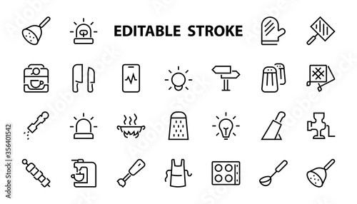 KITCHEN ICON Cooking process, Kitchen tools, Icon set, thin line vector has a blender, oven, knife, grater, barbecue, apron, barbecue, grill, coffee machine, kitchen glove, Editable stroke