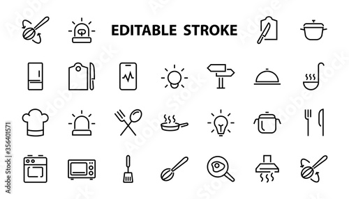 Set of cooking and kitchen icons, Vector lines, contains icons such as frying pan, frying, microwave, fork with spoon, Editable stroke, perfect 480x480 pixels, white background.
