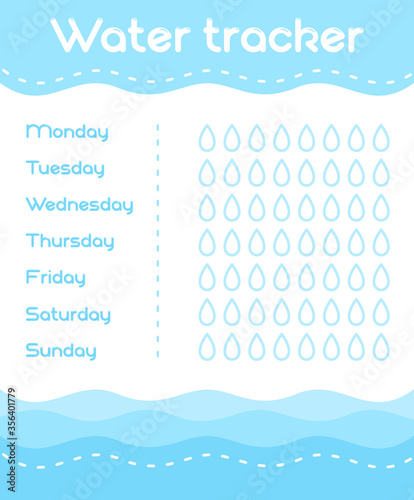 Vector illustration of Daily Water Tracker template in blue colors. Fitness and healthy life water calendar in flat style