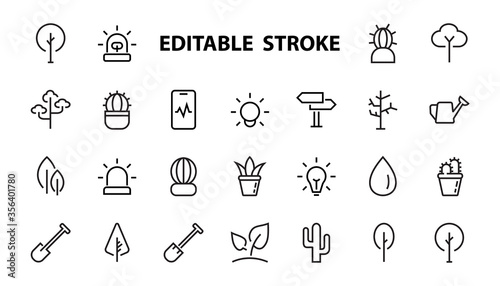 A set of Rosteniya Icons, and garden care, Vector illustration, Contains Icons such as tree, cactus, watering can, spade, flower and much more. on a white background, editable bar 480x480