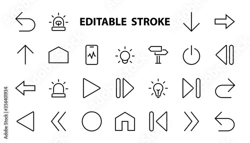 Set of line arrows, directions, arrows, contains icons such as pause, continuation, directly, to the right, Editable stroke. 480x480, On a white background, Vector illustration