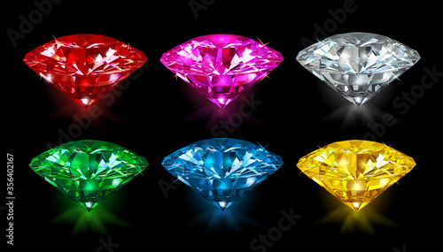 A set of multi-colored diamonds isolated on a black background. Vector.	