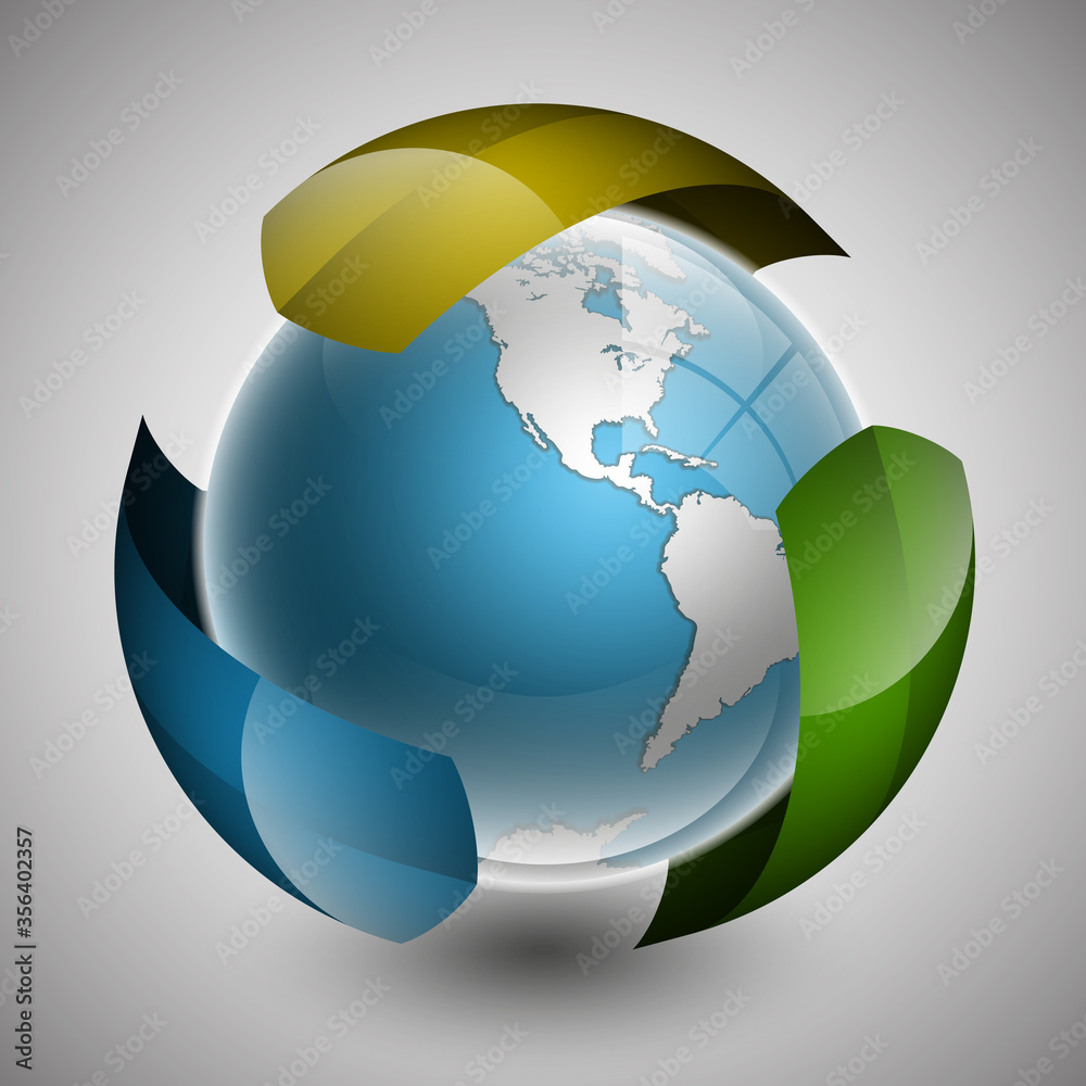 Naklejka premium Globe icon with colorful arrows and smooth shadows and white map of the continents of the world