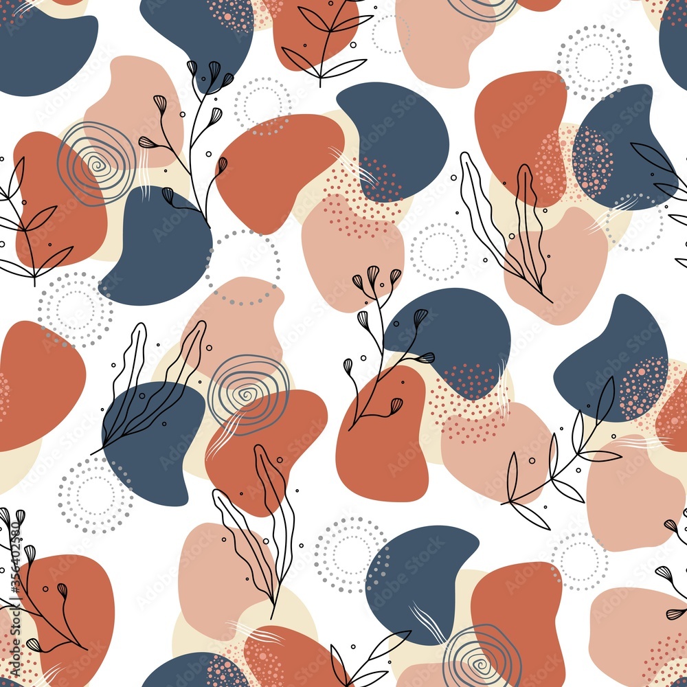 Seamless pattern with floral elements and abstract shapes in soft colors. 