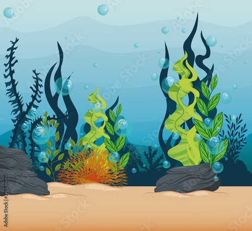underwater background, undersea reef, ocean with marine algae scene, habitat marine concept vector illustration design