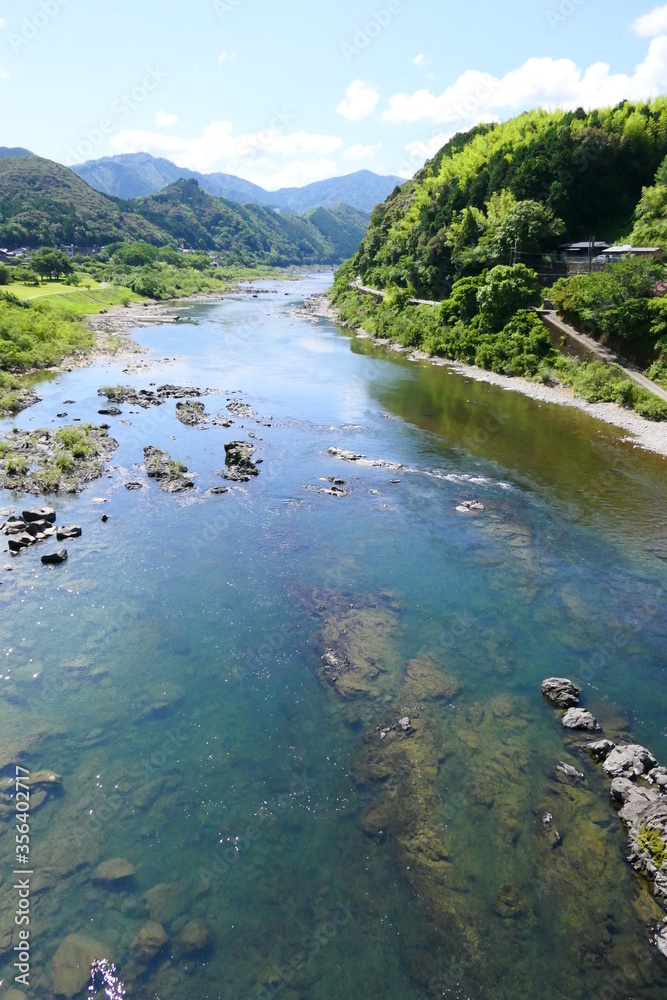 日本の清流、初夏の四万十川。高知、日本。6月上旬。