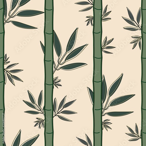 Fototapeta Naklejka Na Ścianę i Meble -  Seamless pattern with green bamboo and soft green leaves in soft yellow background