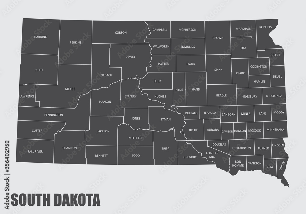 The South Dakota State County Map with labels - obrazy, fototapety, plakaty 